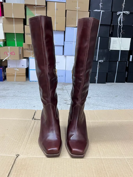 أحذية Faion النسائية من الجلد الطبيعي بسحاب جانبي ورأس مربع اللون وكعب عالٍ أحذية طويلة كورية مقاومة للماء