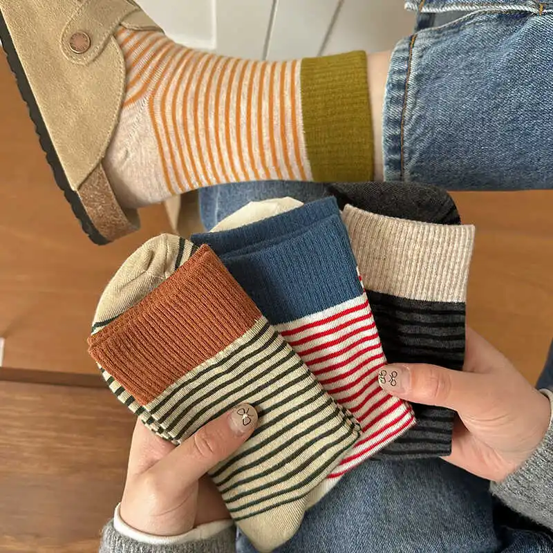 

5 пар уютных полосатых женских длинных носков – можно стирать вручную, модные и стильные, для осени и зимы