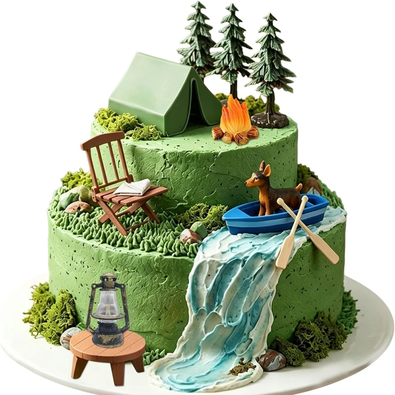 Outdoor Adventure Birthday Party - 12pcs Camping Cake Decorations Set Outdoor