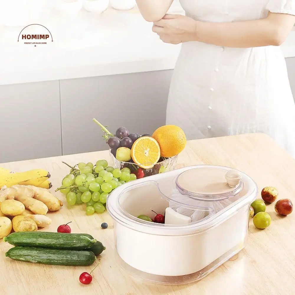 

Manual Vegetable Fruits Cleaner Basket Double Layer Hand Crank Vegetable Drain Basket with Washing Brush Labor-saving