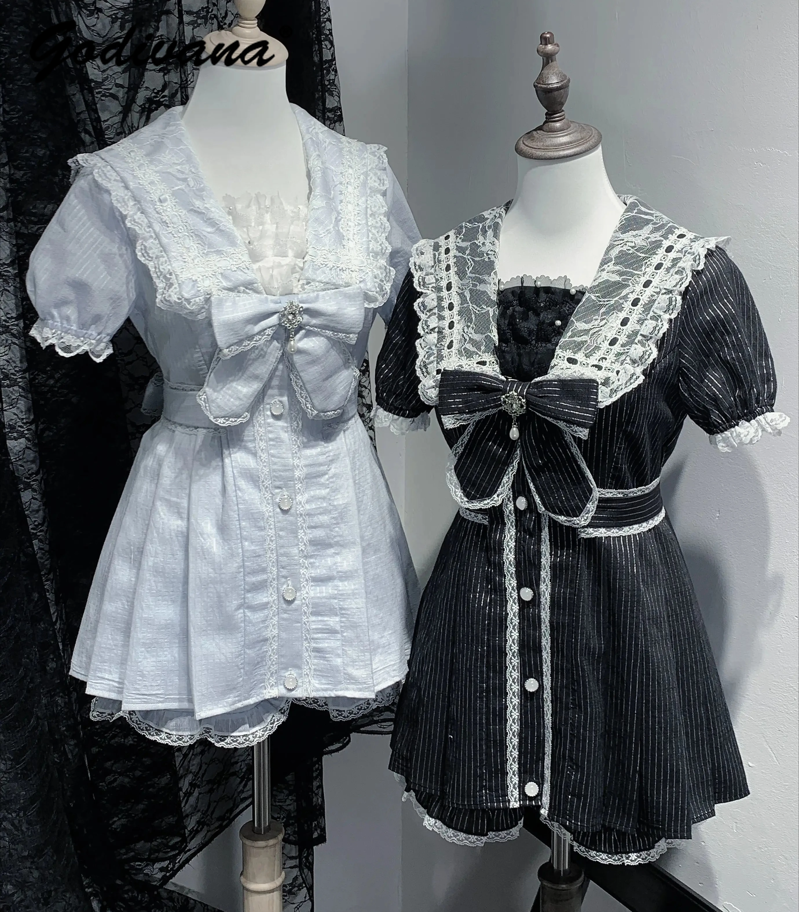 

Japanese Mine Stripes Outfits New Summer Womens Sweet Lace Lapel Bow Slim Short-sleeved Dress Top + Shorts Two-piece Shorts Set