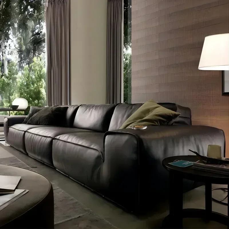 

Big Black Cow Leather Sofa, Hotel Living Room Advanced Sense Sofa, Straight Row First Layer Cowhide Art Sofa Combination