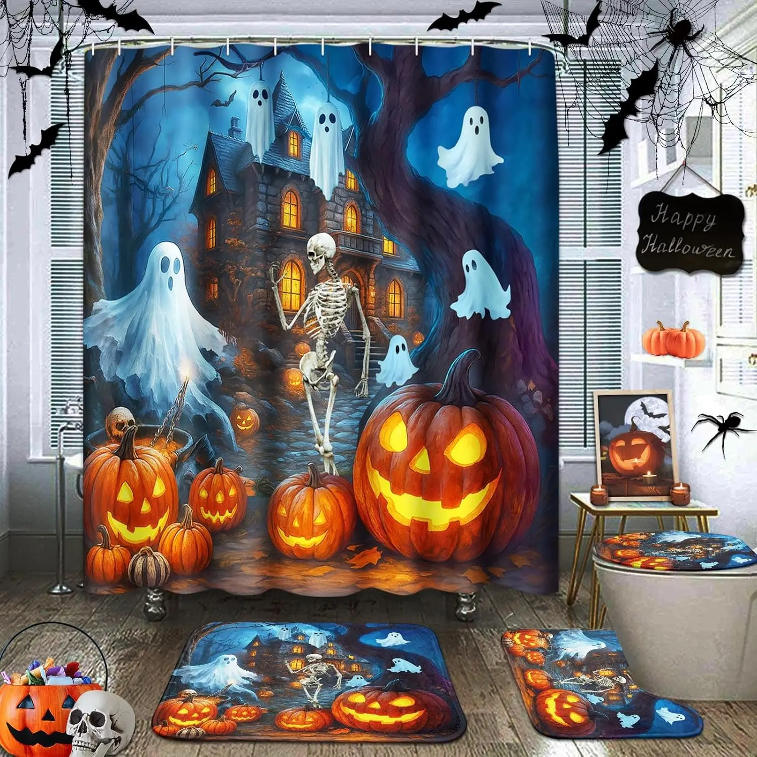 

Halloween Bath Set 4PC - Haunted Castle Polyester Shower Curtain with Waterproof Mats & Toilet Cover
