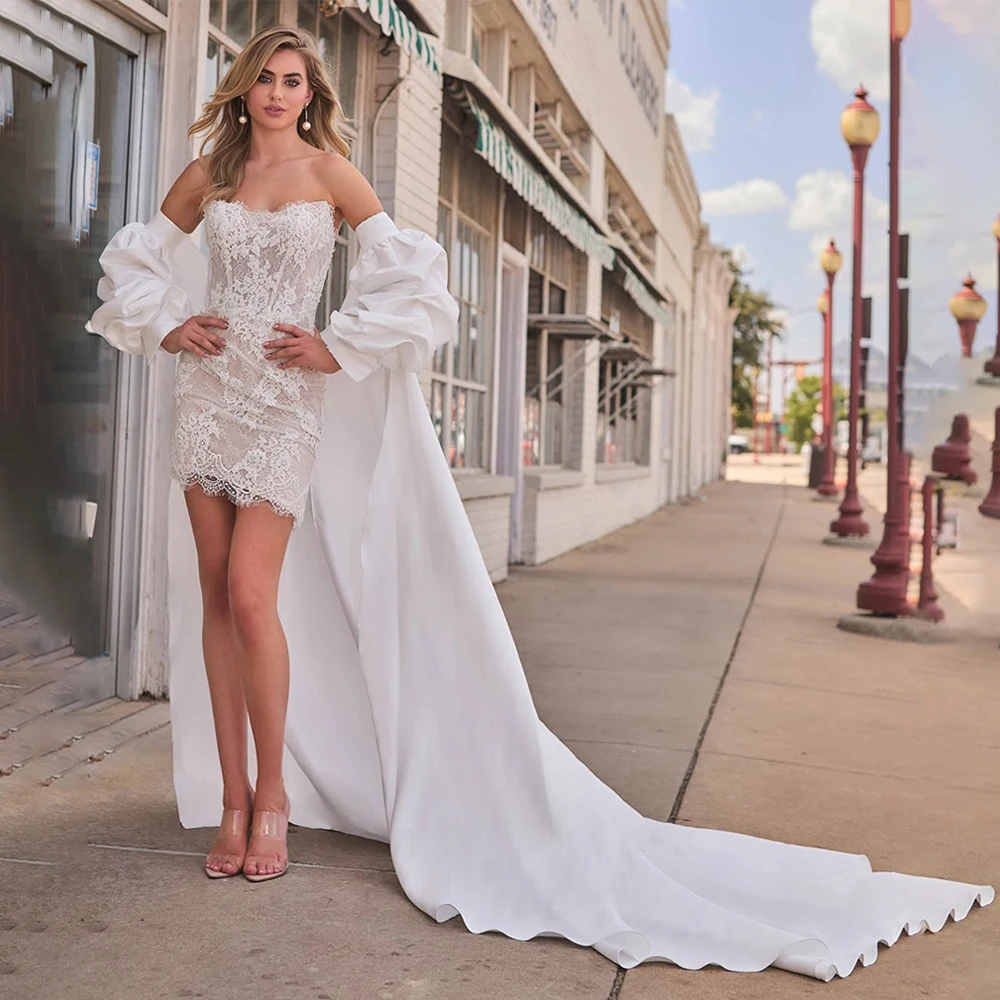 

Fashionable Short Wedding Dresses For Women Sleeveless Zipper Mini Lace Sheath Remobable Train Vestido De Casamento Customized