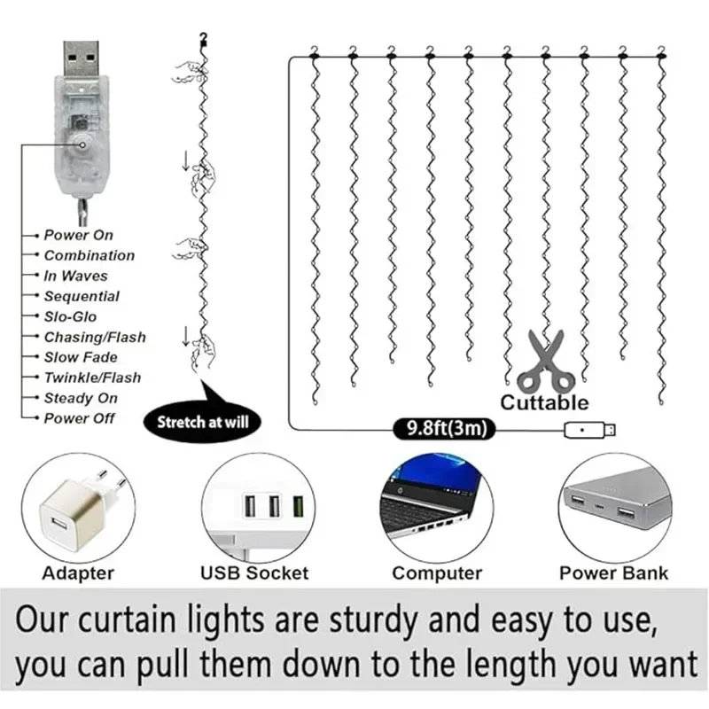 300 LED USB Fairy String Lights 8 Modes Remote Control 5V for Christmas Weddings Party Room Window Waterfall Lights Decorations