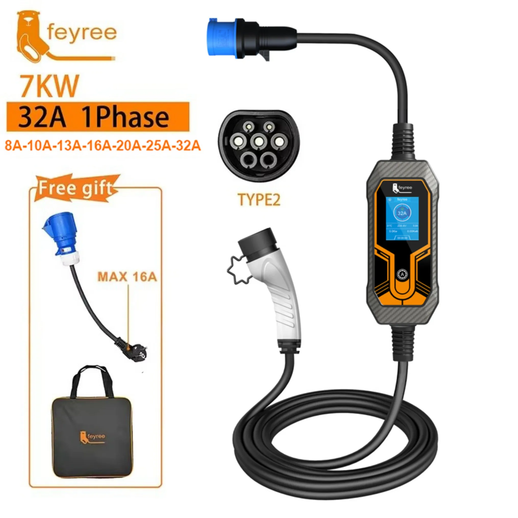 feyree Type2 7KW 32A 1Phase Portable EV Charger 5m Cable Current Adjustable EVSE Wallbox Charging Box for Electric Car Charger