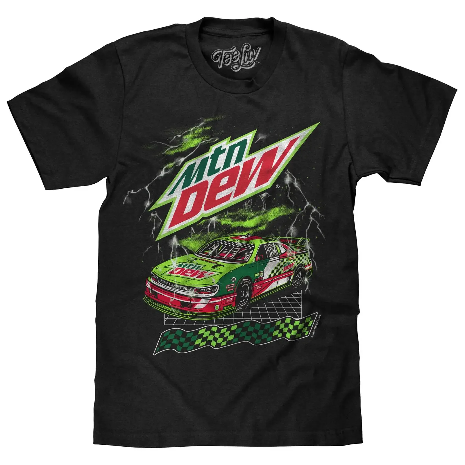 Camiseta Luv Masculina MTN Dew Racecar Mountain Soda Logo Racing Vintage Lavada Unissex Respirável para Uso Diário