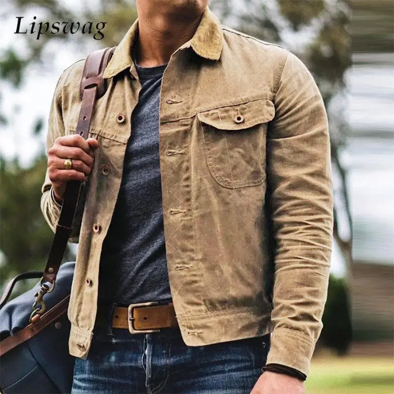 Vintage Shirt Jacket Men Streetwear Fashion Solid Color Slim Cargo Coats Mens Clothing 2023 Autumn Casual Button Lapel Cardigans