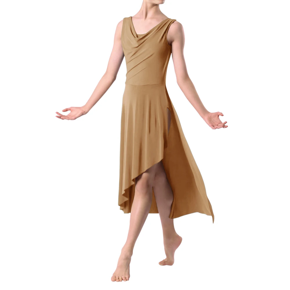 Modern Lyrical Dance Long Dress Cowl Neck Sleeveless Asymmetrical Skirt Hem Girls Ballroom Dance Competition Dresses for Woman