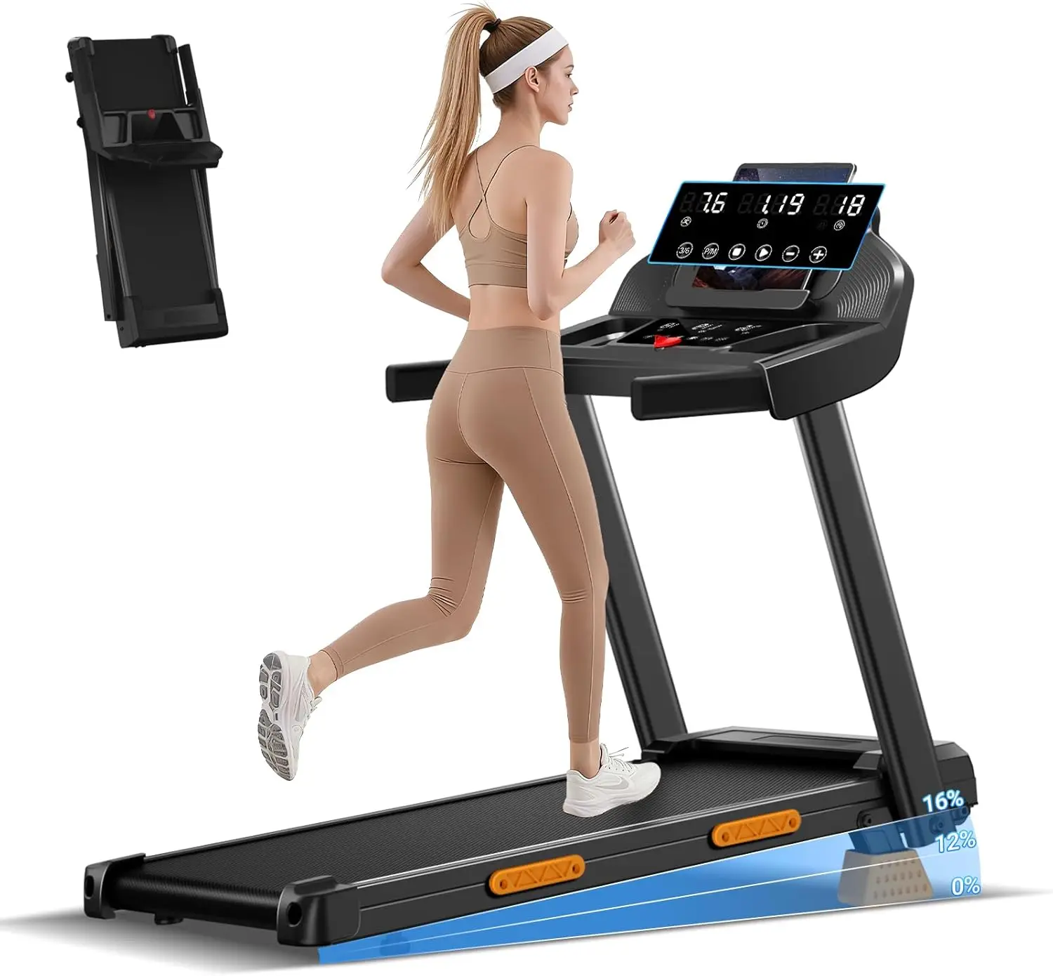 

Беговая дорожка для домашнего использования, прочная, железная, серая, с наклоном 16%, прочными поручнями, мощностью 3.0 л.с., грузоподъемностью 400 фунтов и 3 LED-дисплеями