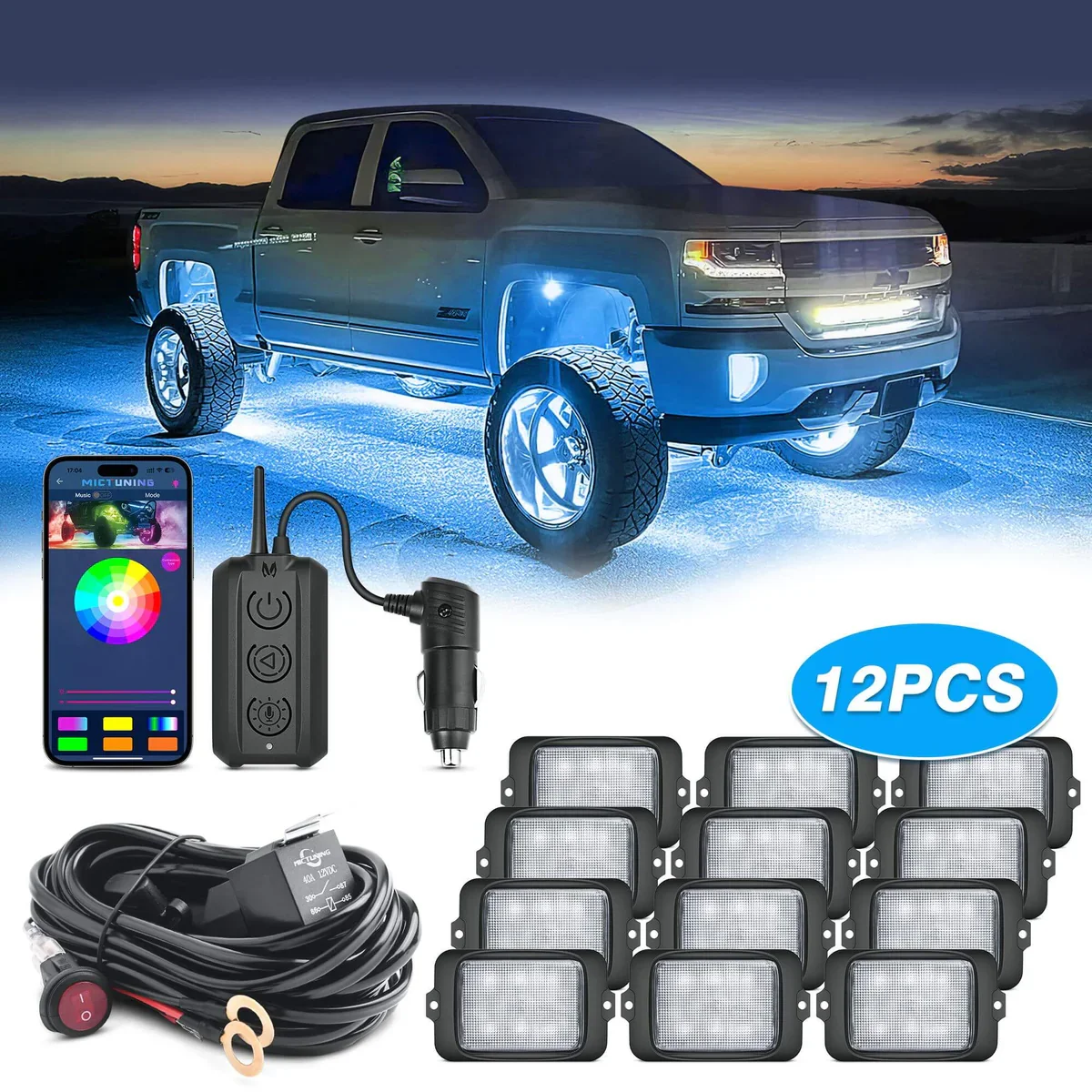 C3 Extensible RGBW LED Rock Lights -12 Pods Wireless Control Multi-Color Neon Underglow Lights Chassis Light for Offroad Truck