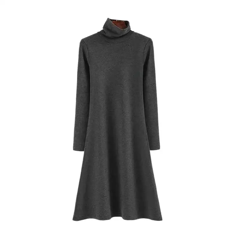 

Vintage Dress Autumn Winter Women Turtleneck Long Sleeve Loose Cotton Dress Thicken Basics Dress Black Gray