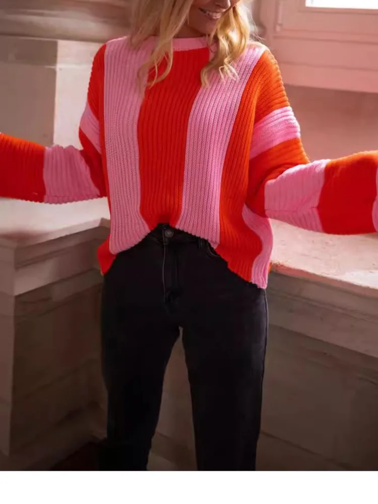 

Autumn And Winter Versatile Sweater Loose Vertical Stripe Contrasting Color Round-neck Long-sleeved Knitted Pullover For Women