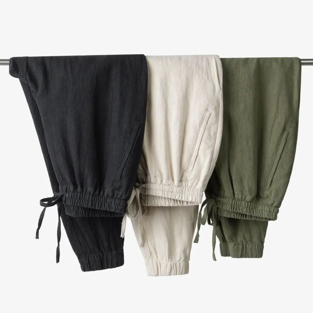 Loose Linen Men's Summer Thin Casual Pants Elastic Waist Straight Leg Fashionable Urban Style Youth Daily Wear Pure Color