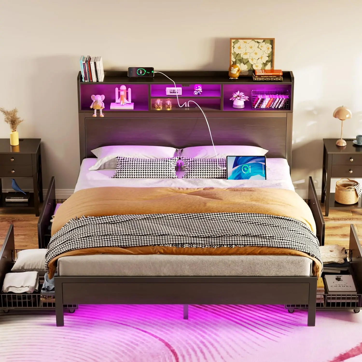 Queen Bed Frame with Storage Headboard, Metal Platform Charging Station, LED 4 Drawers, Bookcase Storage, No Box