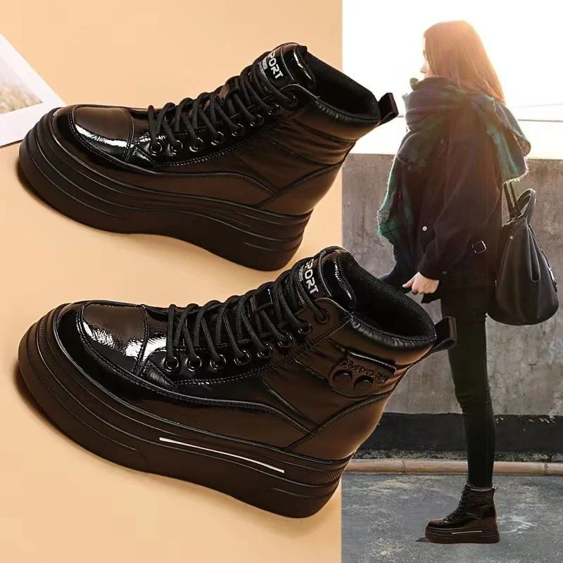 Black Winter 2024 Shoes for Women Leather Boot Snow Boots Woman Chunky Flat Platform Footwear Booties Shoe Warm Low Short Barrel