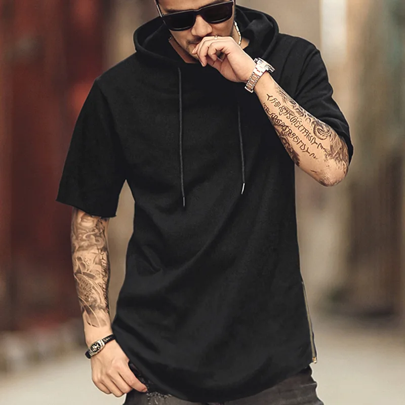 Men's Solid Color Short Sleeved Hoodie T-shirt Loose Hip-hop Curved Hem Side Zipper Casual T-shirt Men's Fashion