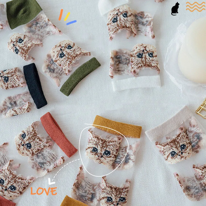 New Japanese Transparent Cute Cartoon Cat Harajuku with Print Fashion Clothes Spring Summer Ultra-thin Funny Women Tube Socks