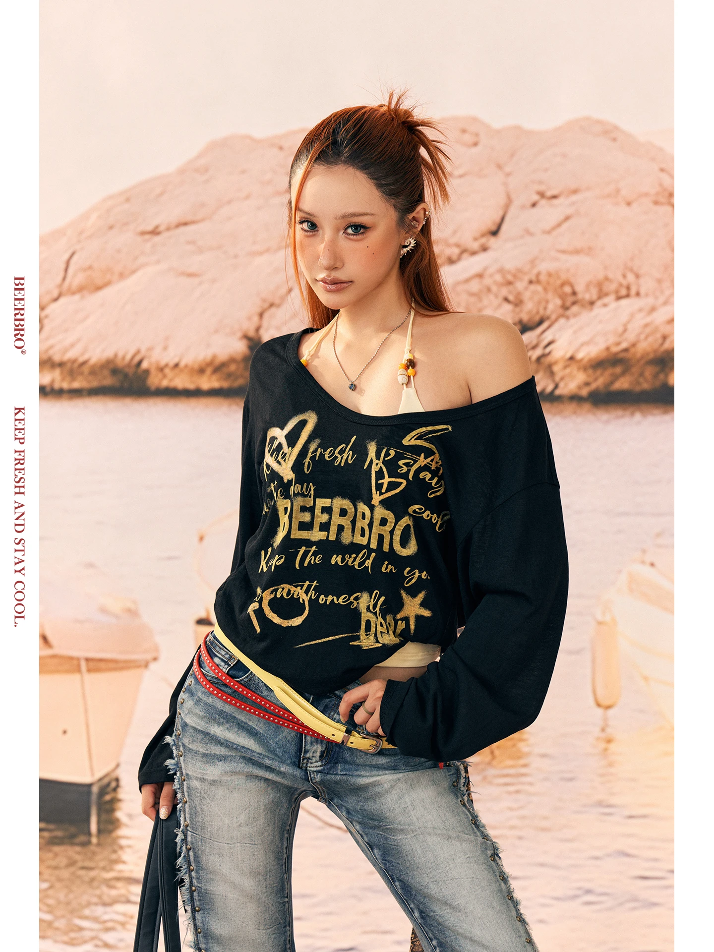 

BeerBro Long Sleeve T-Shirt with Chest Pad Ruched Design Glitter Print Two-Piece Set Soft Polyester Cotton Lyocell Blend Wome...