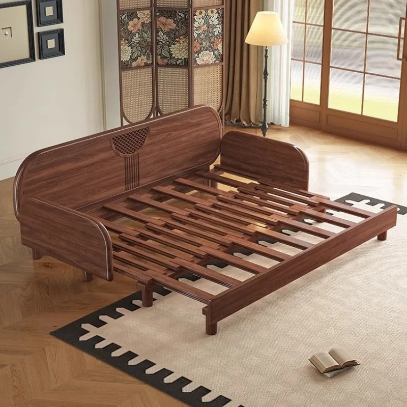 Chinese-style solid wood sofa bed integrated dual-use black walnut foldable living room balcony wooden pull-out bed
