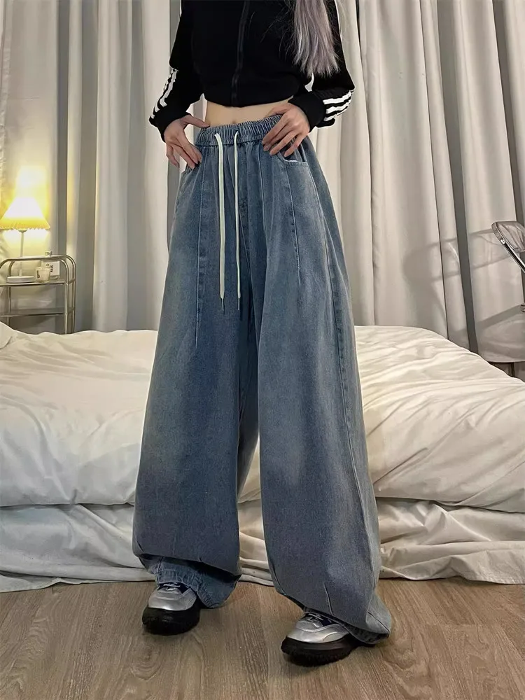 

Spring Autumn Preppy Style High Waist Drawstring Straight Pants Woman Solid Color Loose Denim Trousers Korean Baggy Jeans