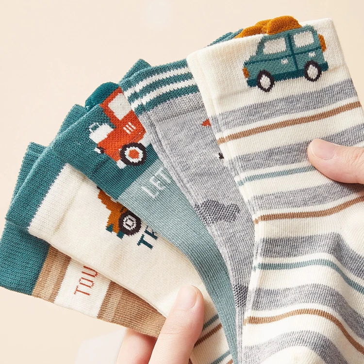 Kids Boys Flat Knit Crew Socks 5 Pairs Cartoon Car Print All Season Soft Breathable Children Daily Socks
