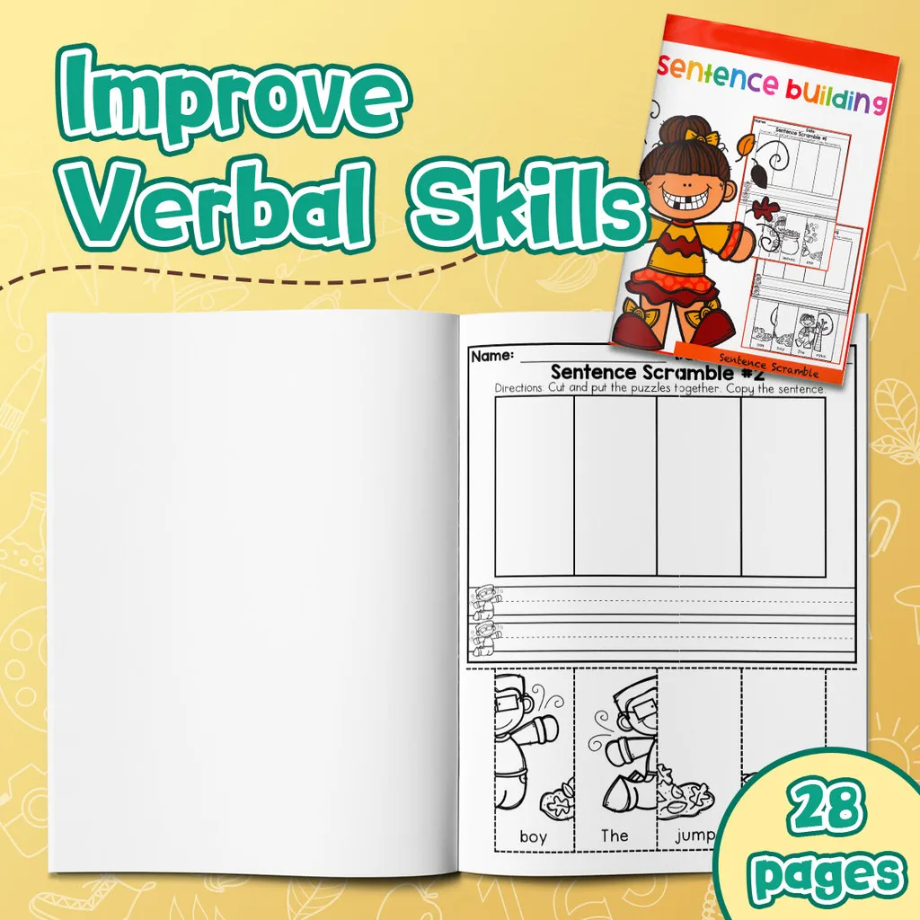 Sentence Building–Cut & Paste Sentence Scramble Workbook: Build Sentences, Word Order&Sight Words, Copywork on Handwriting Lines