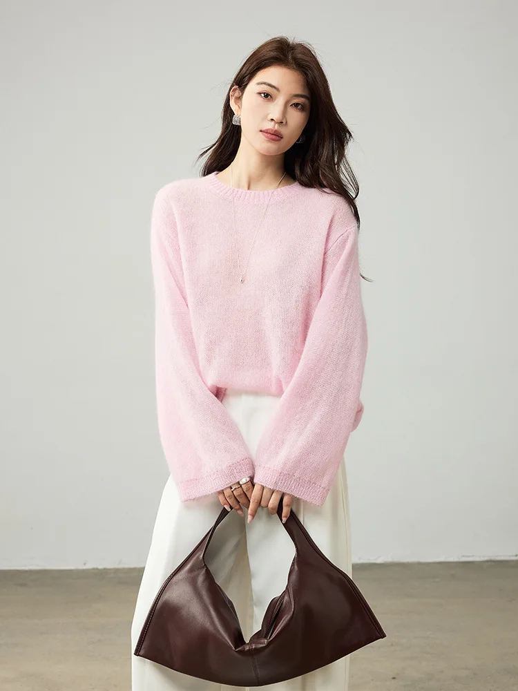 Birdtree 68.6% Wool Knited White Pink Sweater,Woman Wool Blend O-neck Full Sleeve 2025 Autumn Warmth Bottom Pullover T59413JF