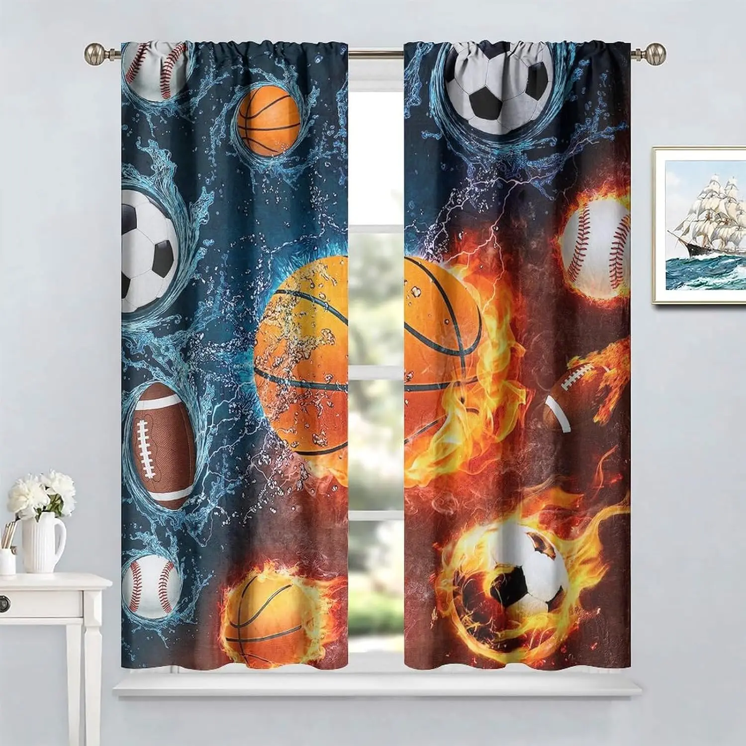 

Спортивные детские шторы для мальчиков для спальни, огонь, баскетбол, футбол, 3D-мяч, оконные шторы для гостиной, подростков, мальчиков и девочек
