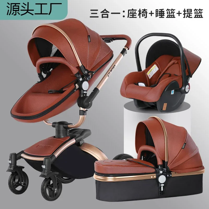 Stroller high landscape PU leather two-way 360 rotating stroller can sit and lie down folding four-wheel shock