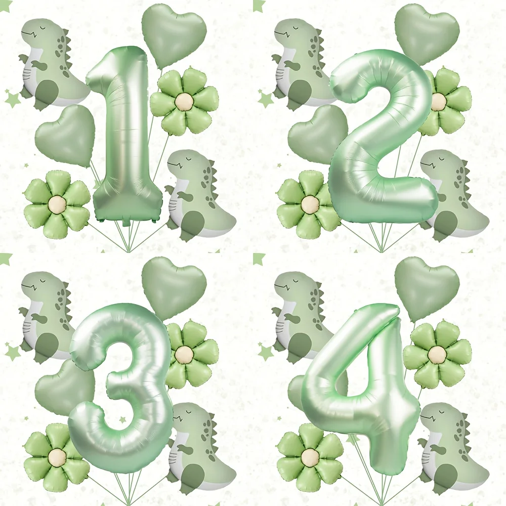 7-teiliges grünes Dinosaurier-Baby-Atem-Herz-Elemente, olivgrüne Zahl 1–9 Ballon-Set für grüne Dinosaurier-Mottopartys
