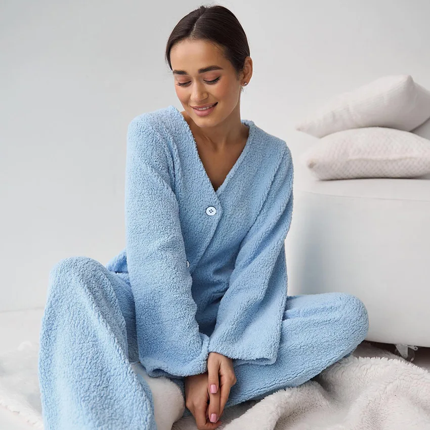 Blue Woolen Warm Winter Women's Pajamas Single-Breasted V-Neck Women Pajama Full Sleeve Double Pockets Sleepwear 2024 New