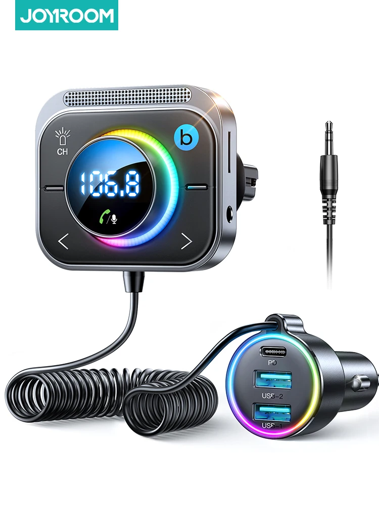 Joyroom Bluetooth 6.0 FM/AUX-Sender Auto-Adapter Audio-FM-Sender Bass-Boost 3 Ports PD&QC 3.0 FM Bluetooth-Schnellladegerät