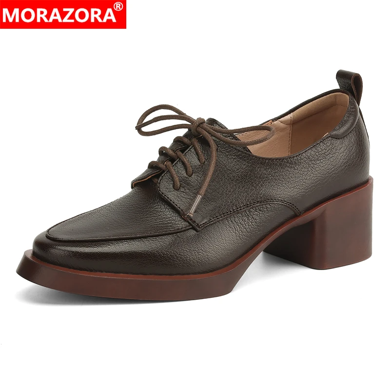 MORAZORA Size 34-43 New Genuine Leather Shoes Lace Up Platform Pumps Women Shoes Square High Heels Oxfords Office Dress Shoes