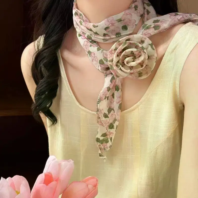 

Floral Chiffon Scarf With Rose Decor Sweet Neck Scarf For Women Casual Dress Shirt Accessory