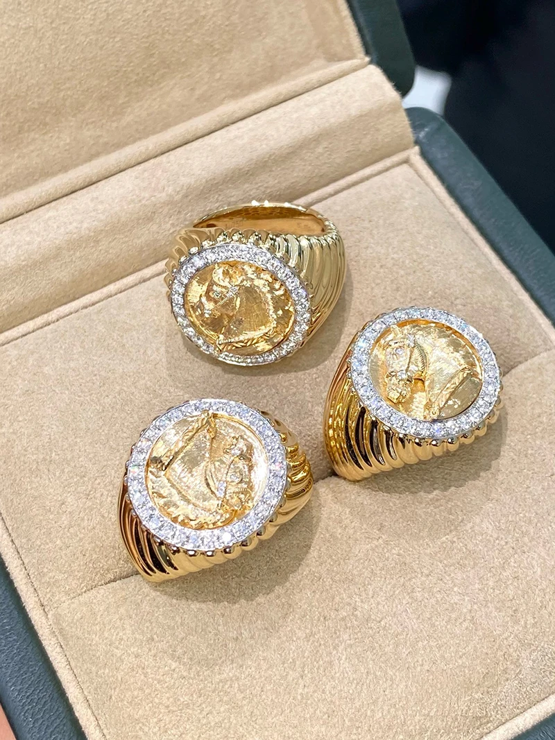 LUOWEND 100% 18K White+Yellow Gold Rings Fashion Horse Seal Shape Real Natural Diamond Ring for Women High Party Jewelry