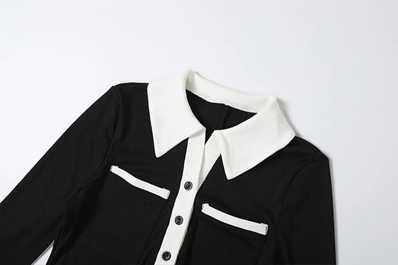 Color Patchwork Ribbed Skinny Playsuits 2025 Autumn Women Fashion Polo-neck Long Sleeve Buttons Slim Casual Rompers Streetwear