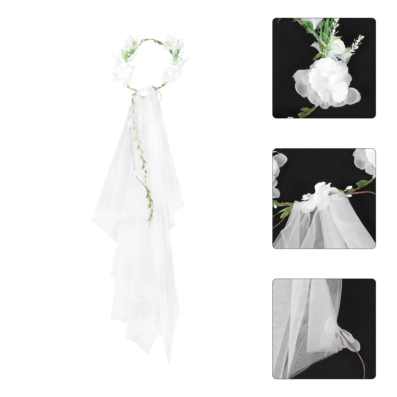 White Floral Veil Flower Garland Rattan Headgear Bachelorette Party Mother Decoration