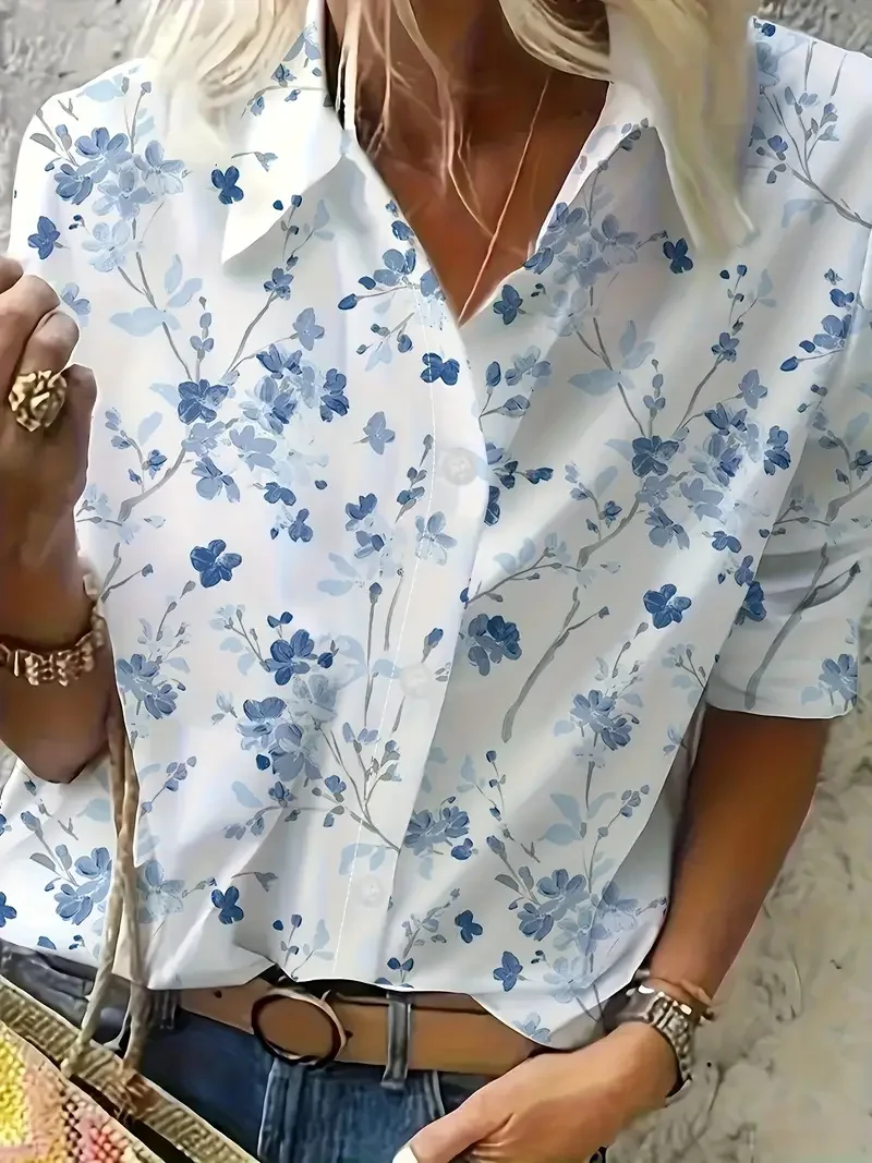 Camisa blanca informal con estampado Floral para mujer, Top elegante con cuello de noche y botones, Tops informales de verano para oficina