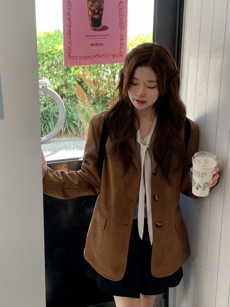 Traje Retro de gamuza con un solo botón Jaet para mujer, cuello elegante y adelgazante, Top versátil, ropa de trabajo coreana para ir al trabajo