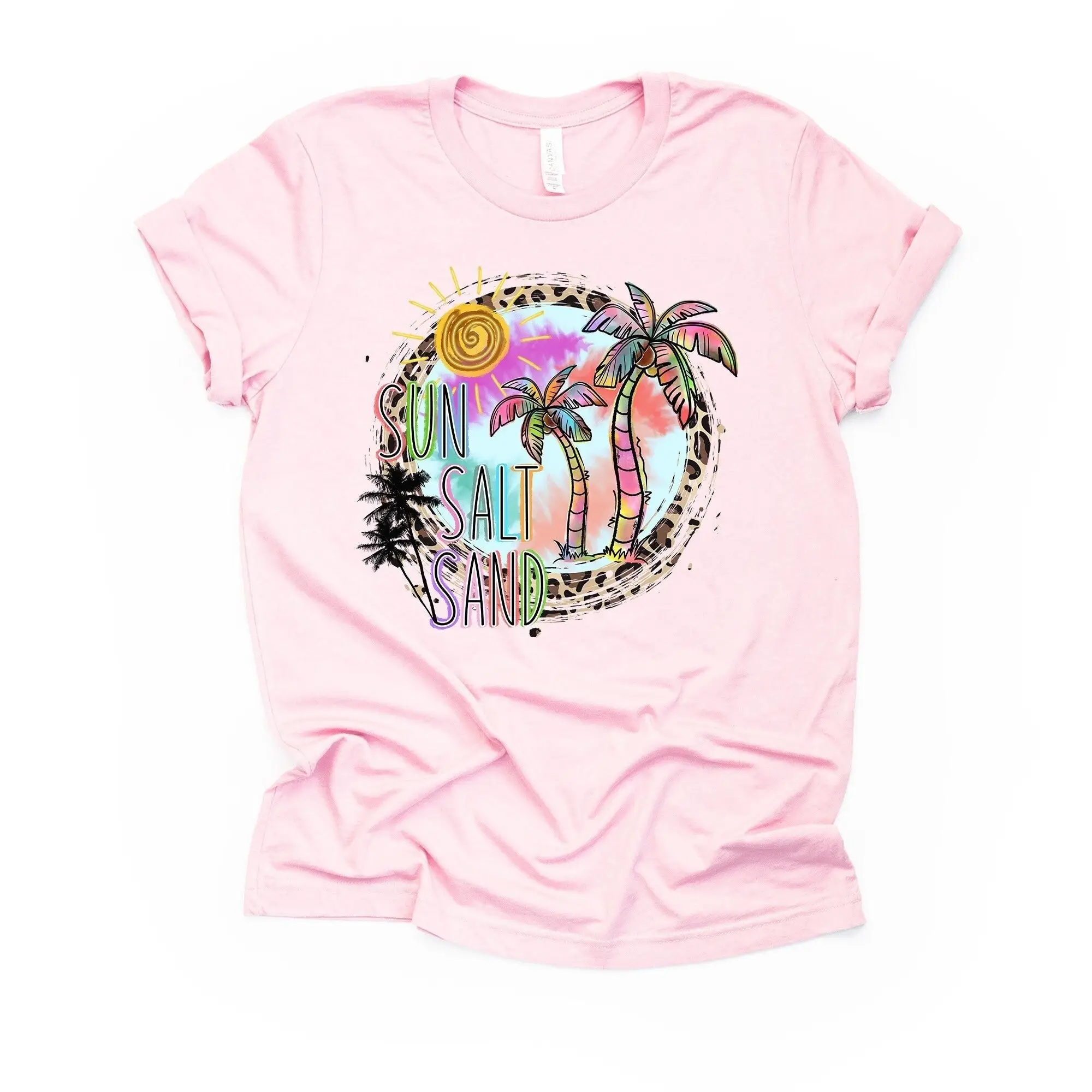 Beach T Shirt Fun Palm Trees Sun Salt And Sand Vacation Design On Premium Bella Canvas Unisex 3 Color Choices Plus Sizes