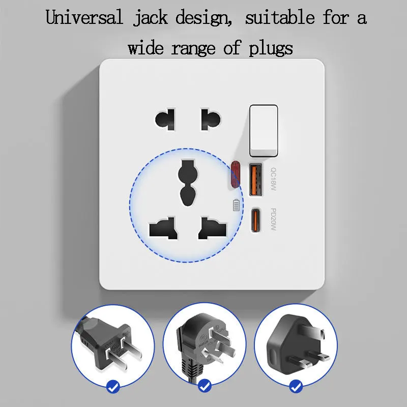 86 Type Wall Multifunctional 1Gang Five-Hole Socket With Switch Control Type-c Port Fast Charging 20W Usb Charging Socket Panel