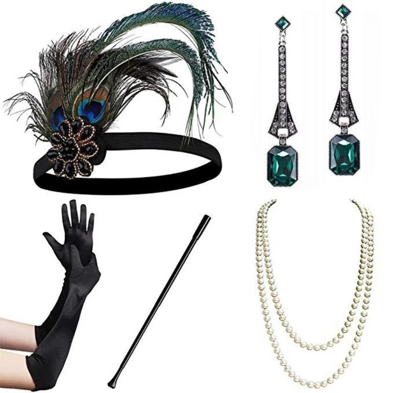 Y5GC 1920s dansers geweldige accessoires ingesteld voor dames flapper kopstuk hoofdband vintage parels kettinghandschoenen
