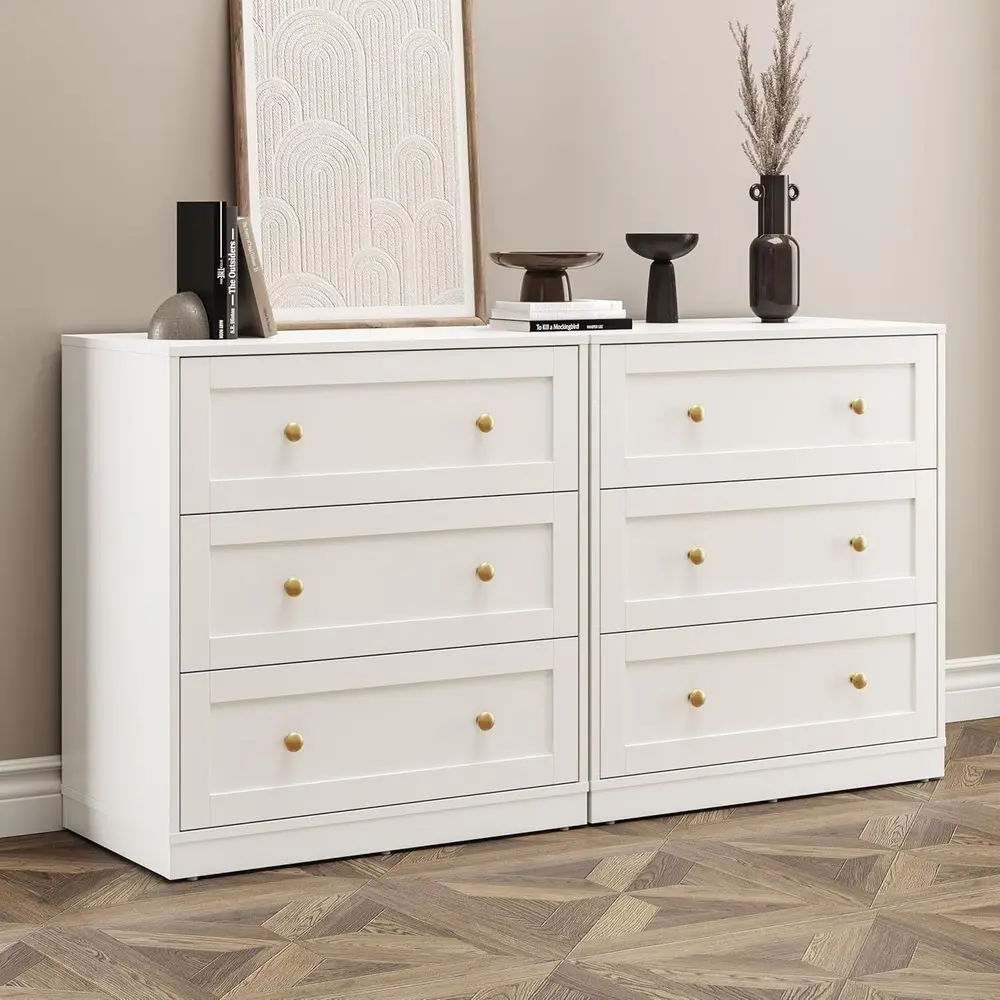 Double Drawer Nightstand in White and Gold for Bedroom, Large 3-Drawer Nightstand, Storage End Table, Wooden Side Table for Livi