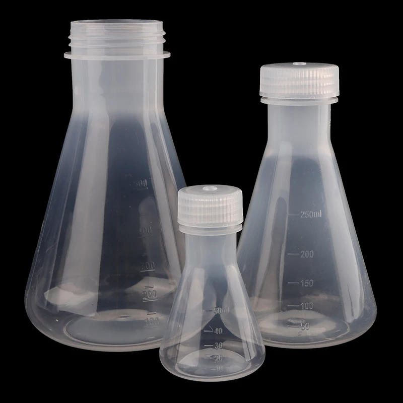 Frasco Erlenmeyer de plástico de laboratorio de 50ml a 1000ml, botella contenedora cónica con tapón de rosca para experimentos de laboratorio