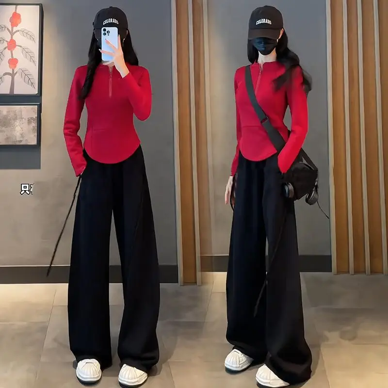 Fashion Suit Women's 2026 Spring New Half-Zipper Stand-Up Collar Sweater Set Banana Pants Thin Casual Sports Two-Piece Set