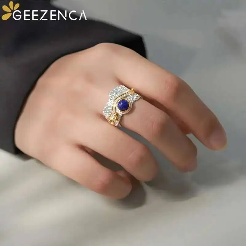 GEEZENCA 925 Silver Blue Lapis Lazuli Statement Wide Rings Two Tone Chunky Ring Clearance Limited Stock First Come First Get