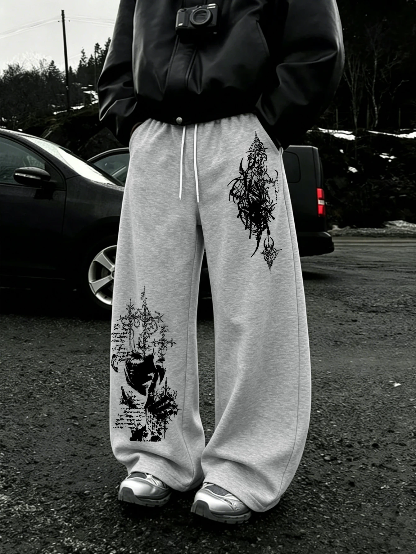 Y2K Men Baggy Sweatpants, Vintage Dark Lady Baroque Cross Asymmetrical Double‑Side Print Drawstring Loose Wide Leg Jogger Pants