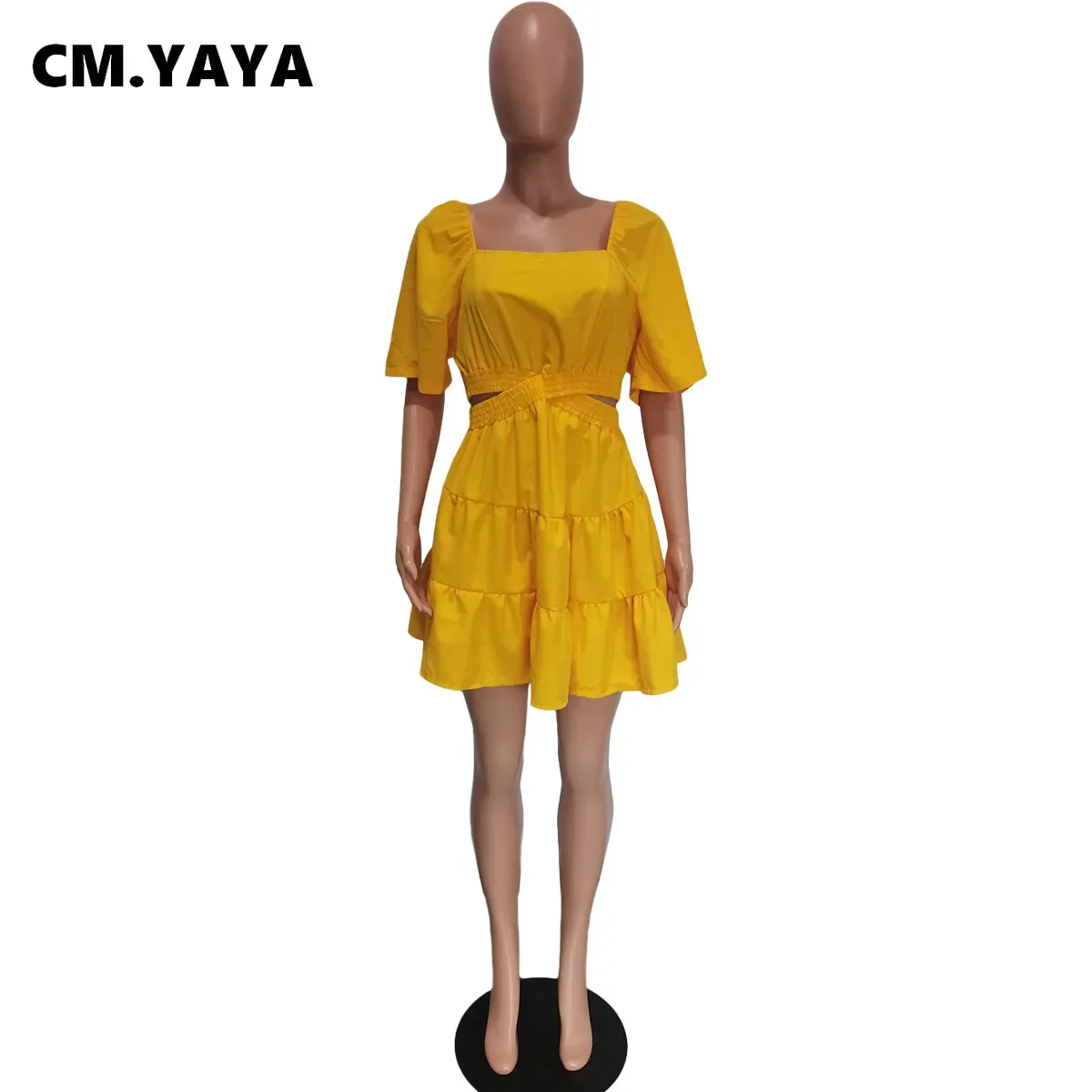 Women Cut Out High Waist Open Back Half Sleeve Big Swing Ruffle Hem Smock Dress 2024 Summer Female Street Yellow Dresses