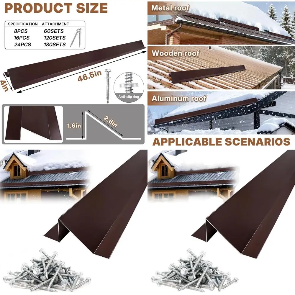 

Metal Roof Snow Guards with Screws, Snow Stoppers for Aluminum Roofing Panels, Wood Canopy, 8 Pieces, 31 Feet Kit, Brown
